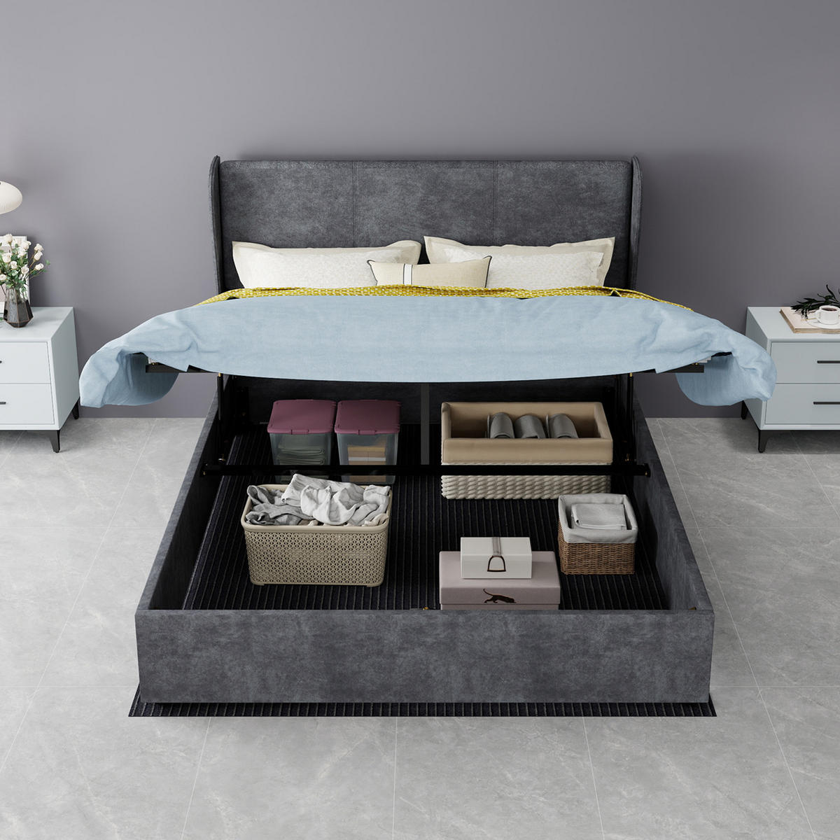 STAURAUMBETT 140/200 cm mit LED und Gaslift-Stauraum, DE-41911, in Grau - Grau, Metall (140/200cm) - ComfortXL