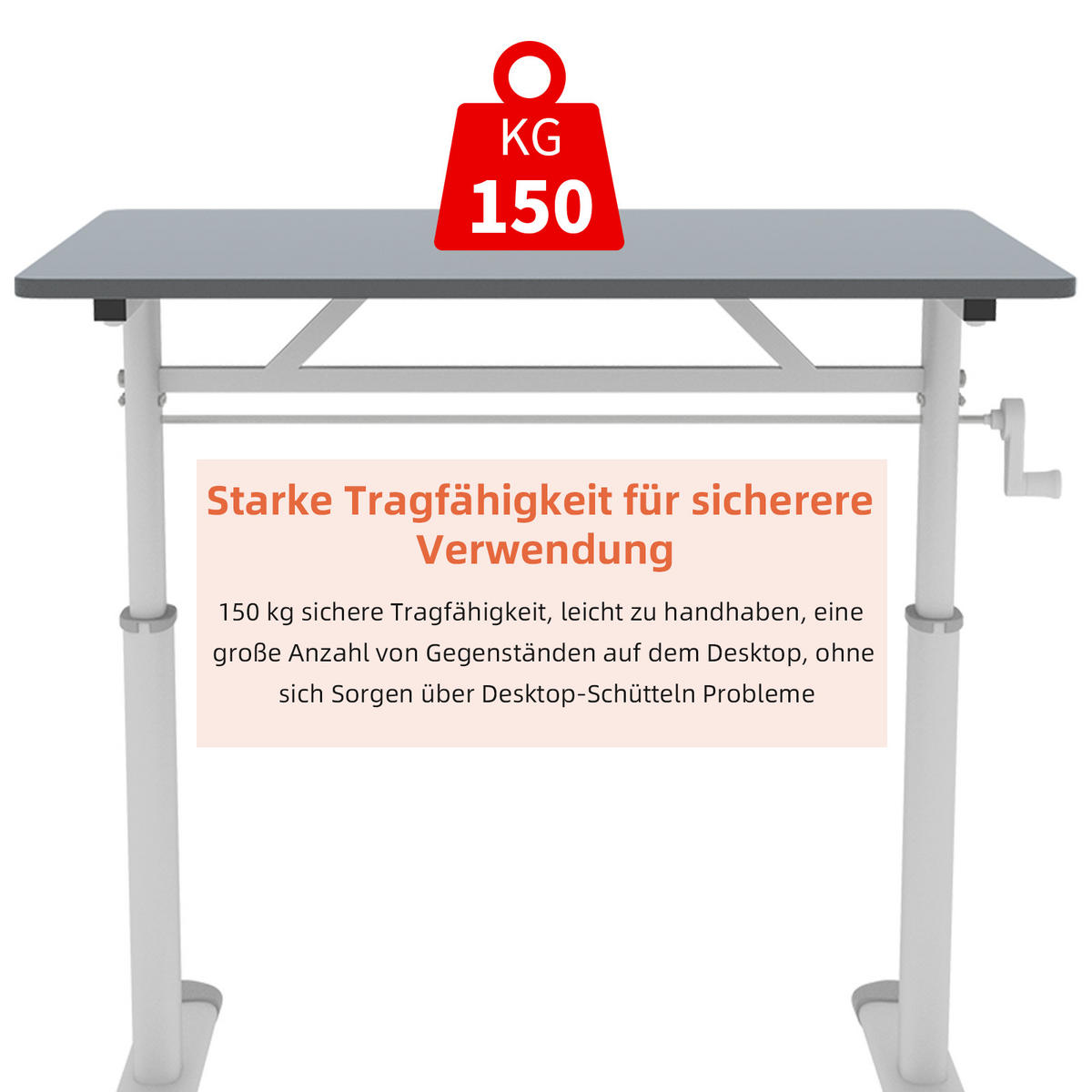 SCHREIBTISCH Grau 80/60/90 cm manuell höhenverstellbar mit Handkurbel Metallrahmen - Grau, Metall (60/80/90cm) - PANGIVO