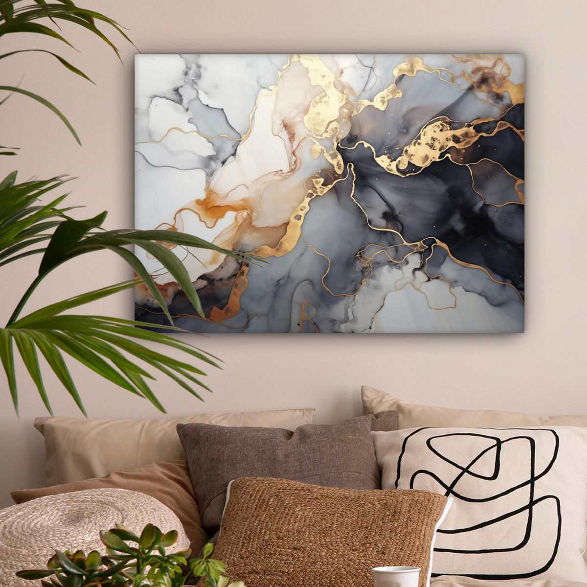 LEINWANDBILD Marmor - Schwarz - Gold - Weiß Wandbilder 80x60 cm - Dunkelgrau, Textil (80/60cm) - MuchoWow