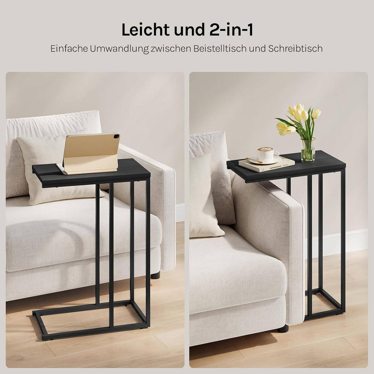 BEISTELLTISCH, Couchtisch C Form, 45 x 63,5 x 25 cm - Schwarz, Holzwerkstoff/Metall (25/45/63.5cm) - Woltu