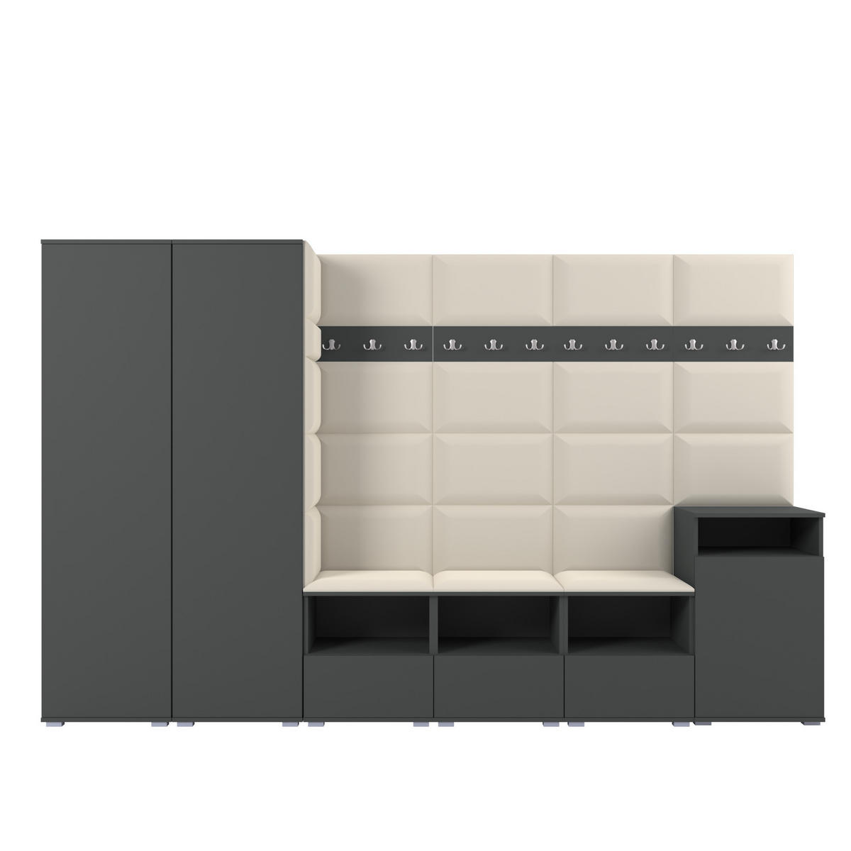 GARDEROBE NELA XII 300 cm (Modulare Flurmöbel Graphit mit Sitzpolster Creme 01 Gigantisches Set) - Silberfarben/Creme, Holz/Holzwerkstoff (300/187/40cm) - Ravio