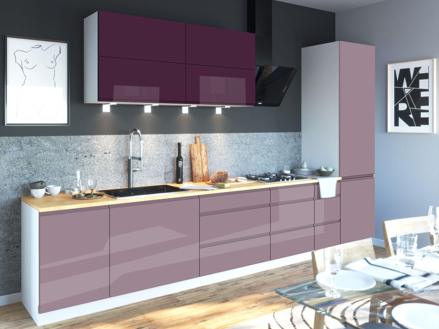 KÜCHENZEILE Florence 8-teilig Purpurviolett / Pastellviolett 392 / 59 / 207 cm - Violett, Holzwerkstoff (392/207/59cm) - Feldmann-Wohnen