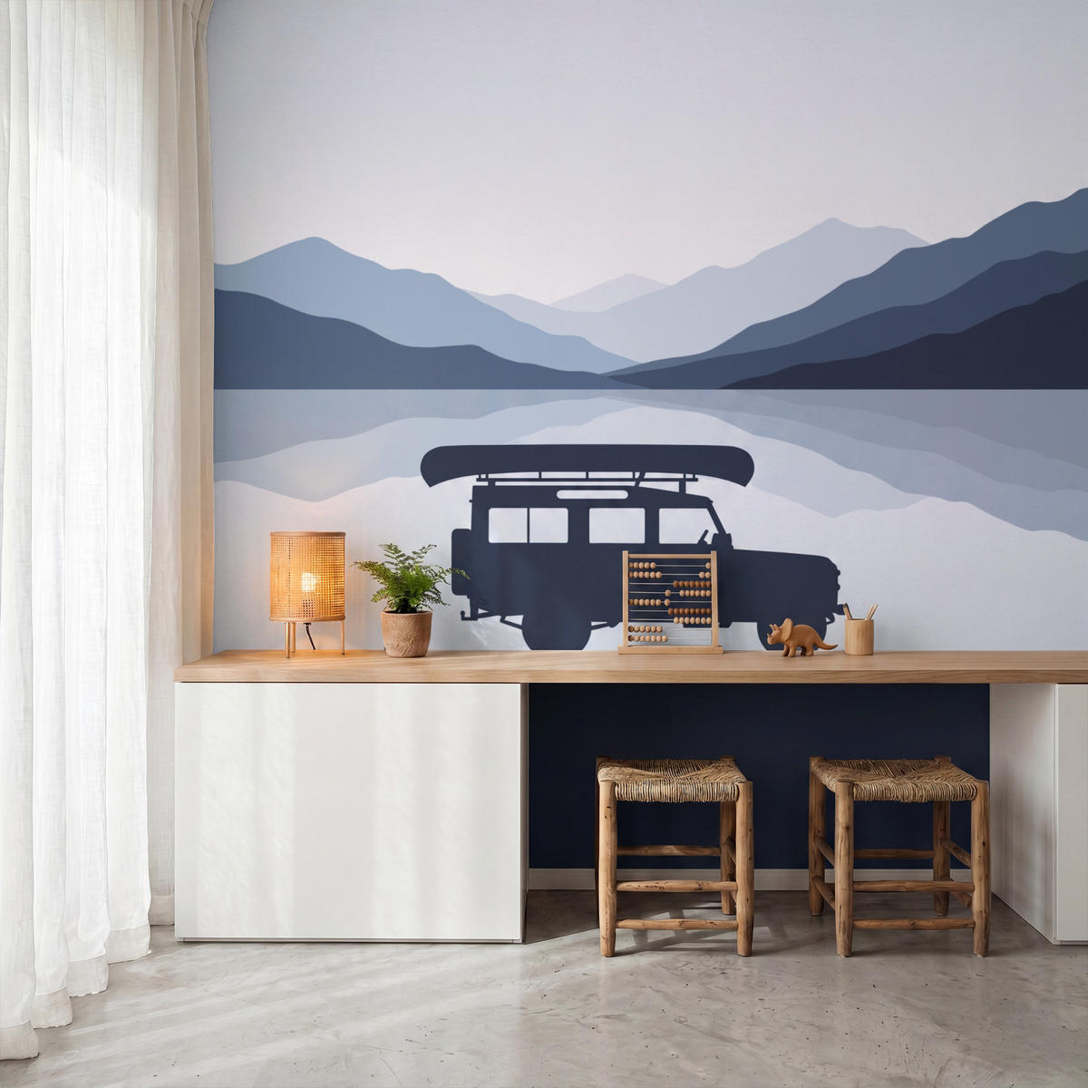 KINDERTAPETE - Auto - See - Berge - Blau - 260x260 cm - Blaugrau, Papier (260/260cm) - OnlyWow