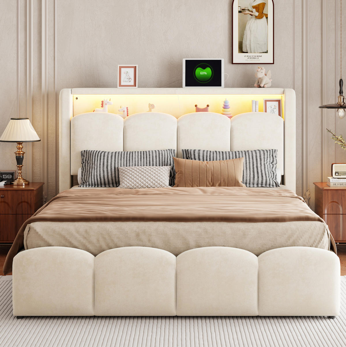 ČALOUNĚNÁ postel 140/200 cm s LED osvětlením, USB-C, USB a hydraulickým úložným prostorem, Béžová - béžová, textil (140/200cm) - Redom