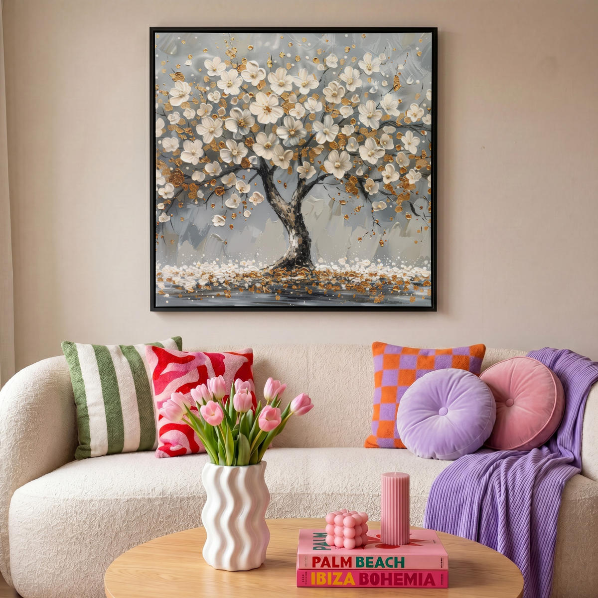 LEINWAND Bilder mit Rahmen - Baum - Blumen - Weiß - Natur - Kunst - 90x90 - Weiß, Textil (90/90cm) - MuchoWow