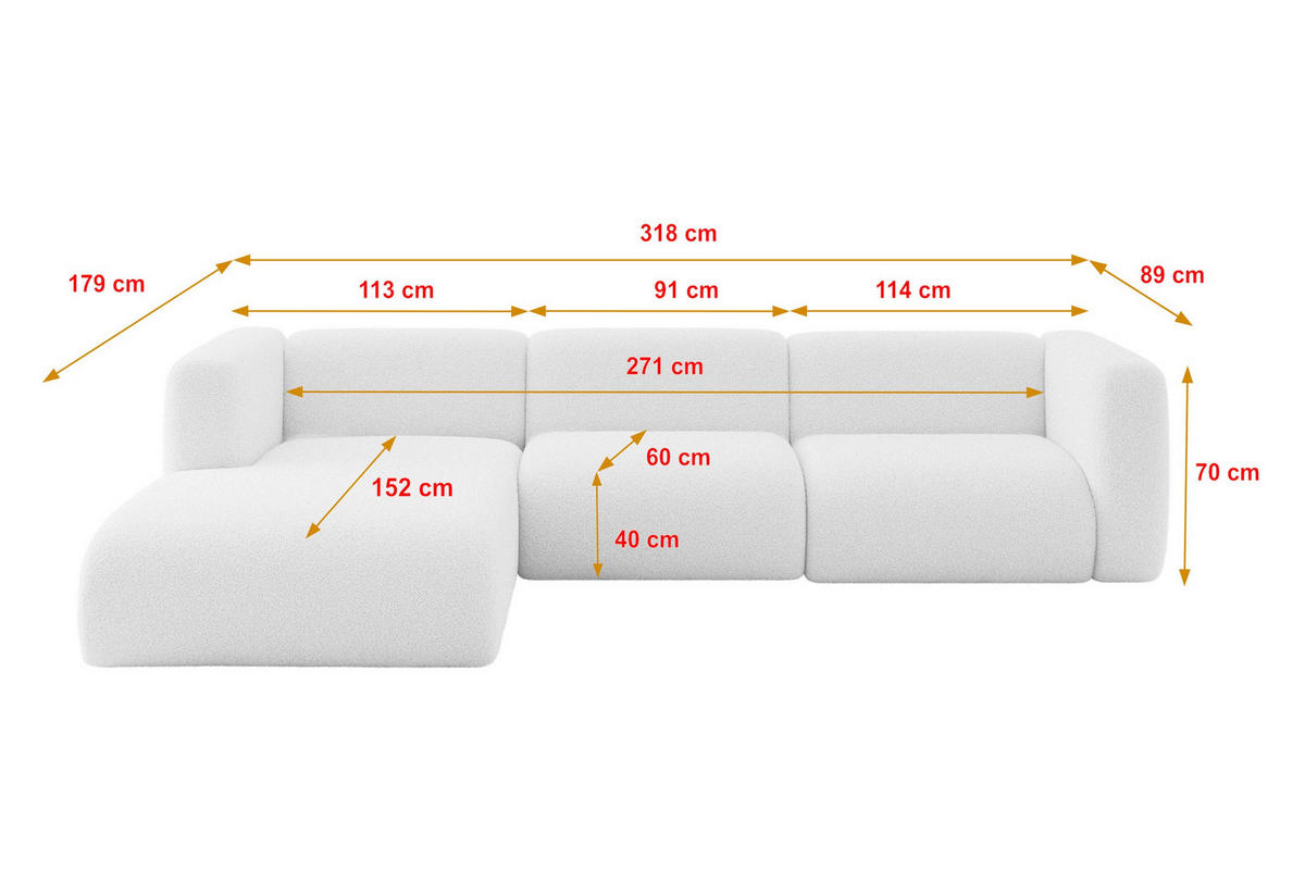 ECKSOFA Ottomane Links MIRA-L2 318x179x89 Weiß Bouclé - Schwarz/Weiß, Holzwerkstoff/Kunststoff (318/179cm) - ALTDECOR