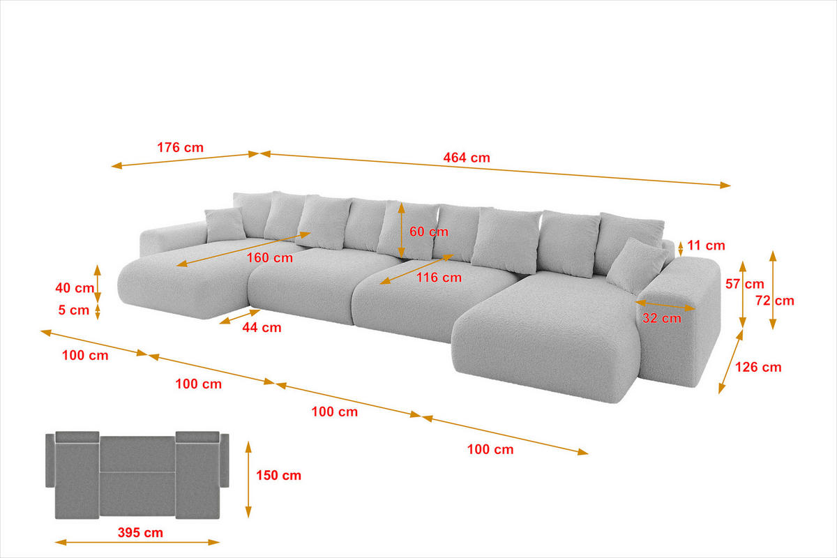 WOHNLANDSCHAFT mit Schlaffunktion ESKAR-U2-464x176x84cm Hellgrau - Anthrazit/Hellgrau, Holzwerkstoff/Kunststoff (176/72/464cm) - ALTDECOR