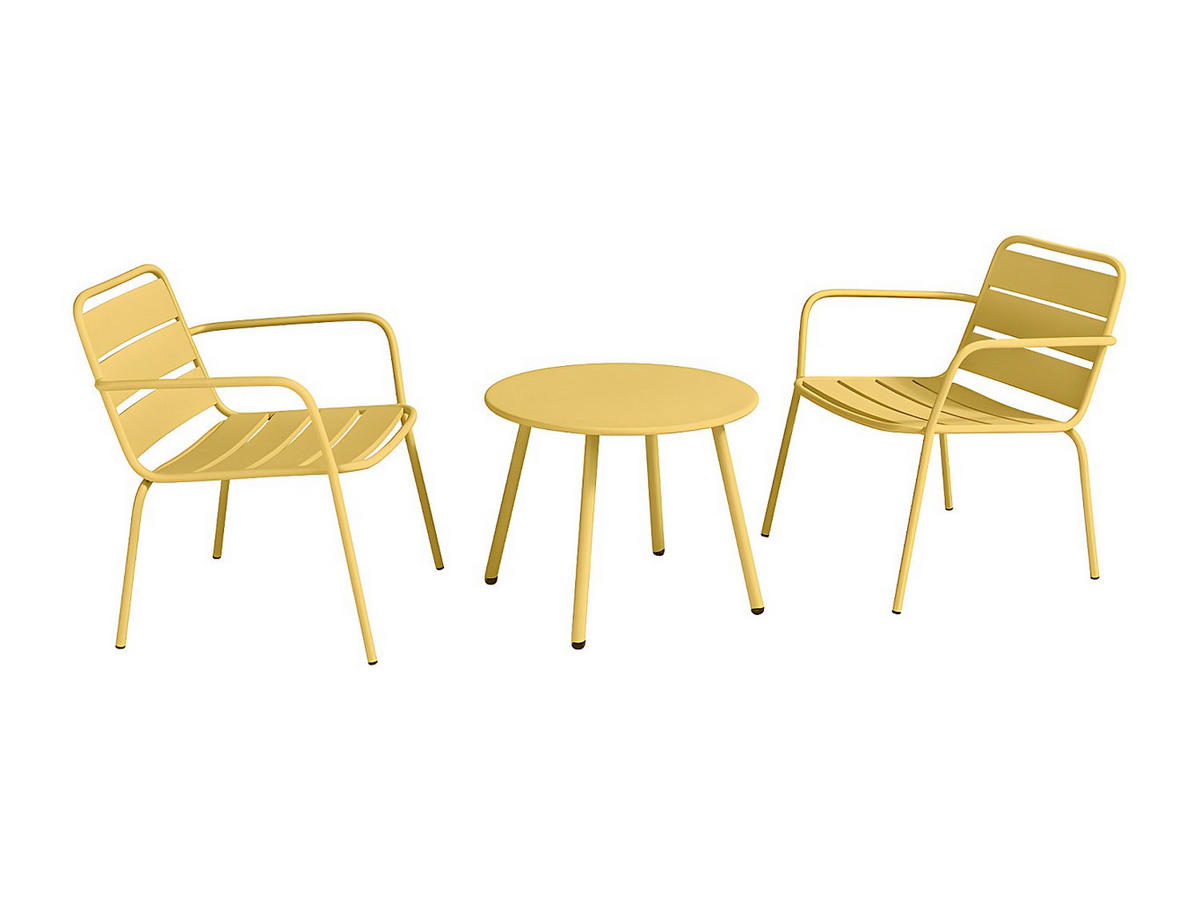 GARTEN-SITZGRUPPE: 2 niedrige, stapelbare Sessel + Beistelltisch - Metall - Senfgelb - MIRMANDE von MYLIA - Gelb, Metall - Vente-Unique