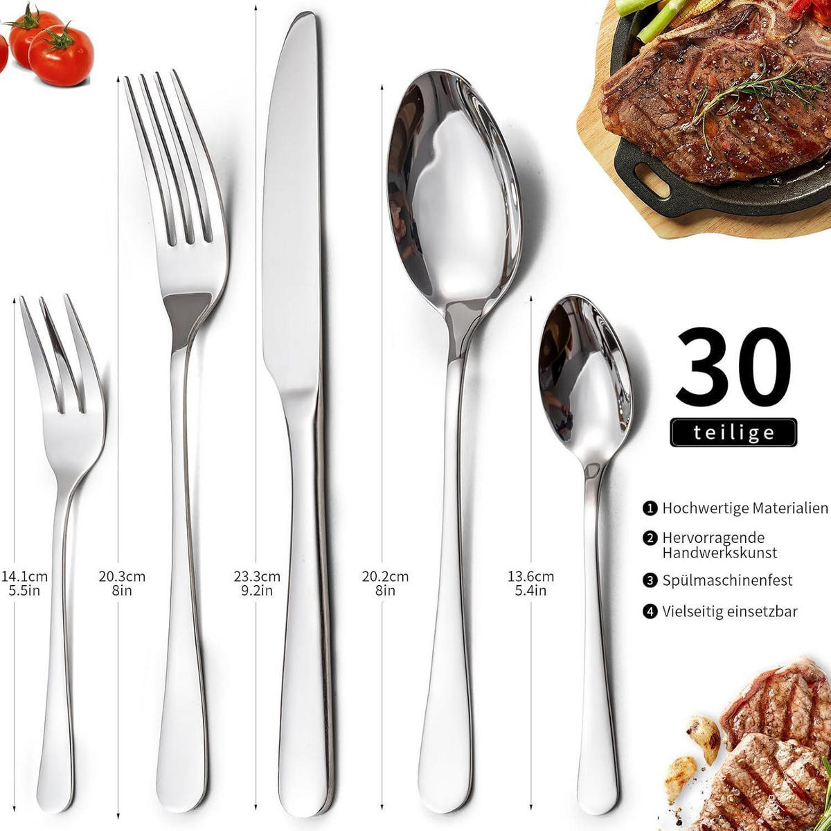 BESTECKSET 30-teilig Edelstahl Spiegelpoliert für 6 Personen - Silberfarben, Metall