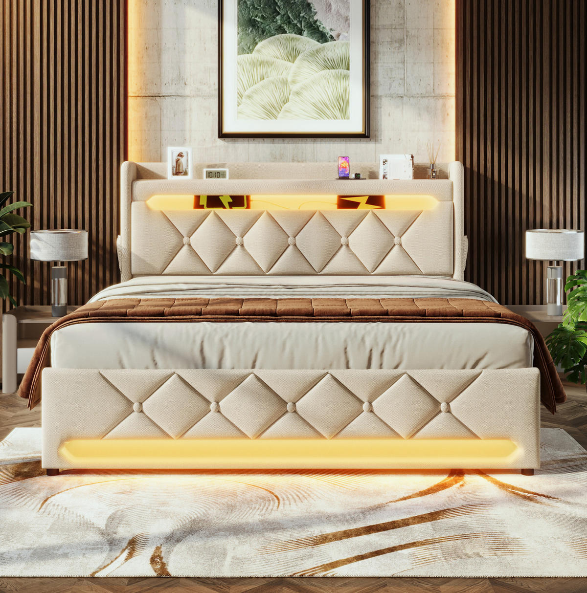 POLSTERBETT 160/200 cm Beige aus Leinen mit LED - Beige, Textil (160/200cm) - OKMYHOME