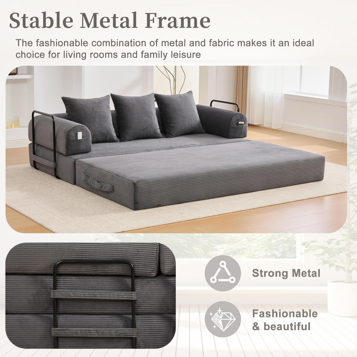 SOFA 200/94/67 cm in Dunkelgrau aus Cord mit modularer Gestaltung und Seitentasche - Dunkelgrau, Textil (94/67/200cm) - Flora Grace