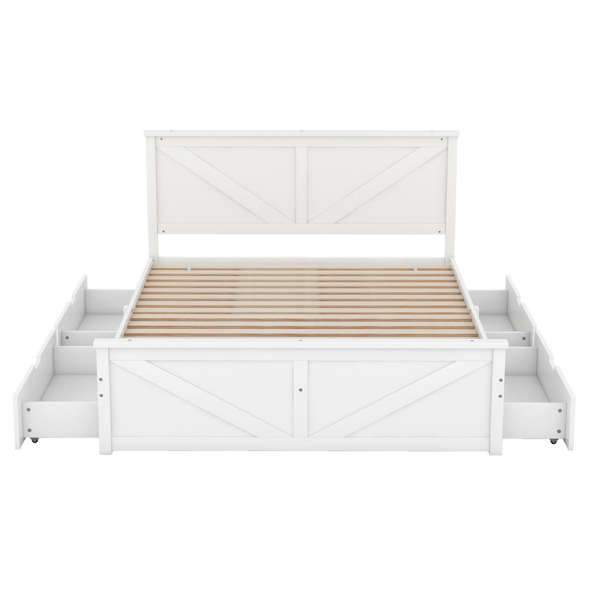 RAHMENBETT 160/200 cm aus Kiefer mit 4 Schubladen und Holz-Kopfteil - Weiß, Holz - BEAOK