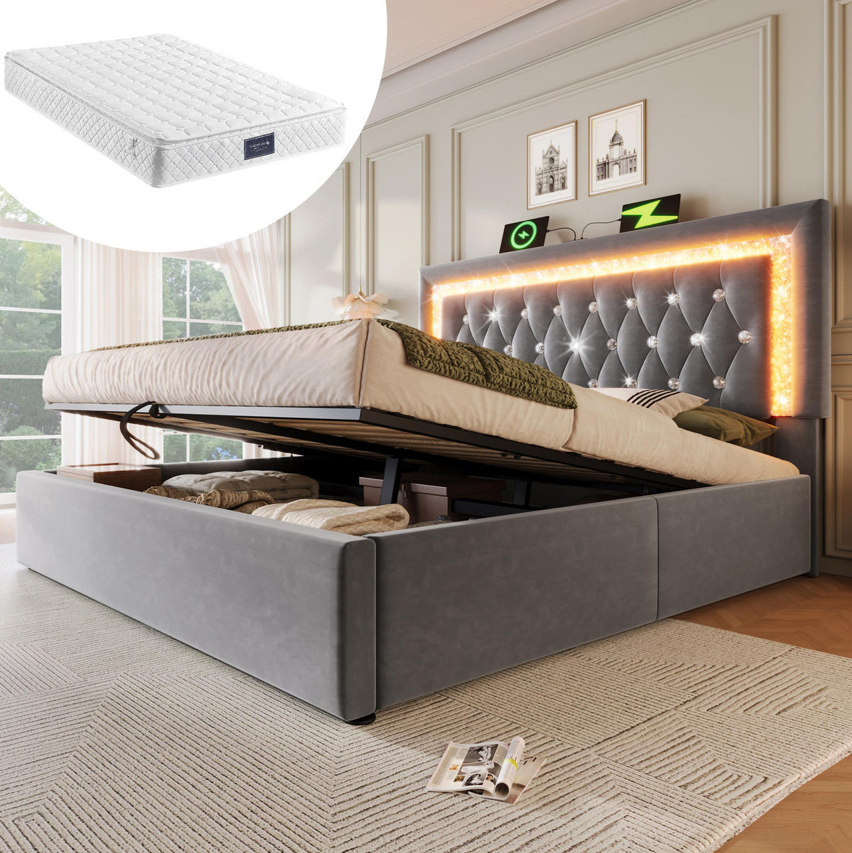 POLSTERBETT 140/200 cm Grau aus Samt mit LED und Stauraum - Grau, Textil (140/200cm) - OKMYHOME