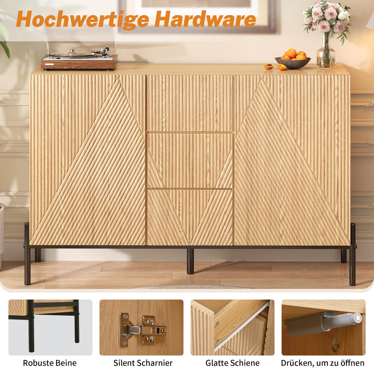 SIDEBOARD natur geometrisch 115cm 2 türen schubladen - Naturfarben, Holzwerkstoff (115.5/76/40cm) - Urban Meuble