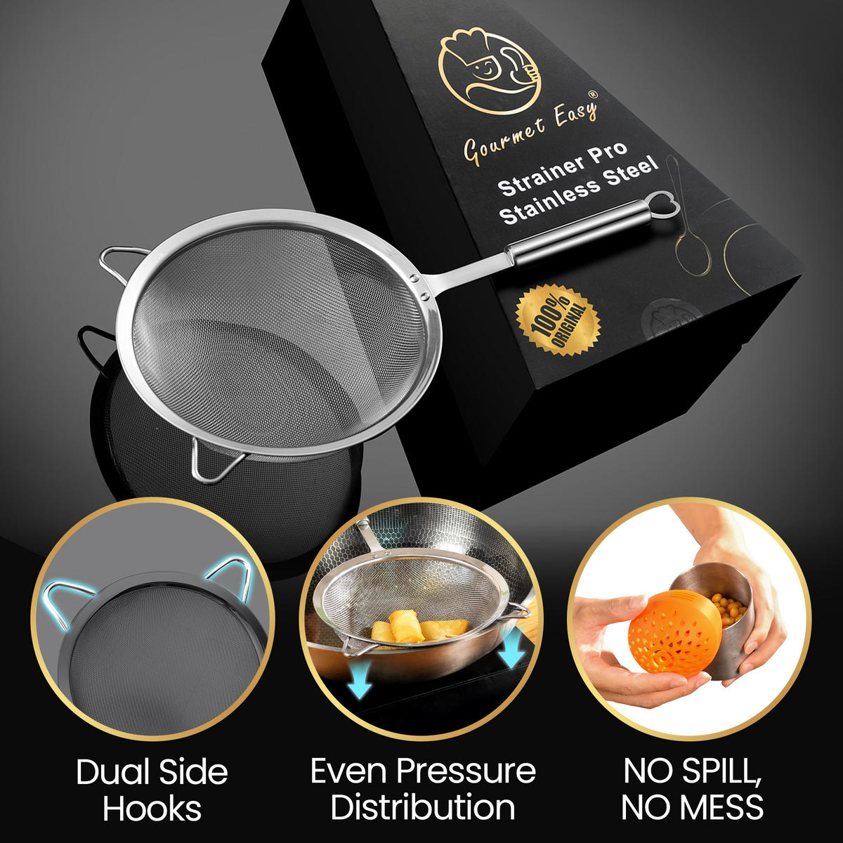 KÜCHENSIEB - Edelstahl,Sieb-Set, Edelstahl, 3-teilig: Mehlsieb, Nudelsieb und Silikon-Dosensieb - Edelstahlfarben, Metall (39/9/24cm) - Gourmet Easy