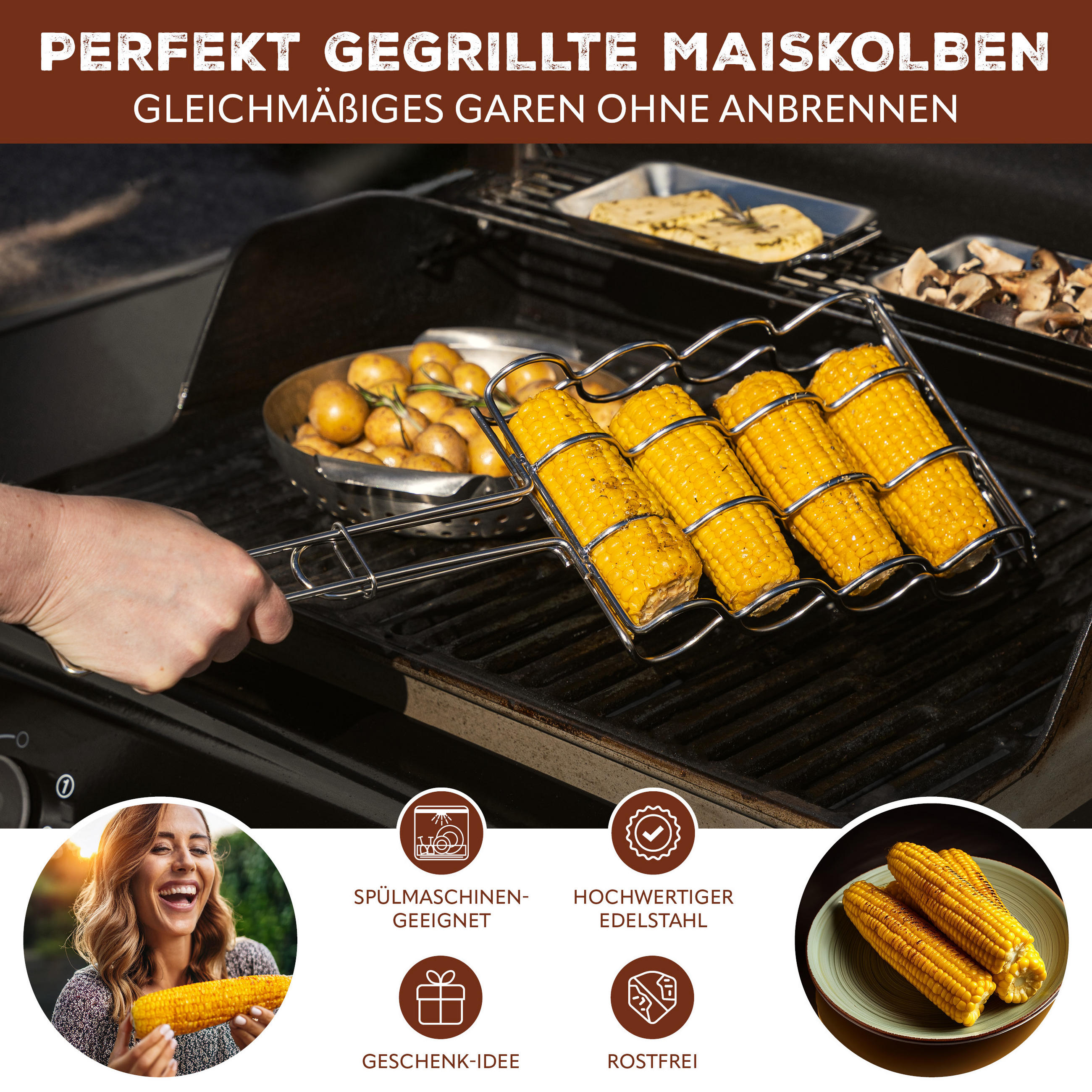 MAISKOLBEN-GRILLHALTER, silber, Edelstahl - Edelstahlfarben, Metall (17.5/17.5/55cm) - bremermann