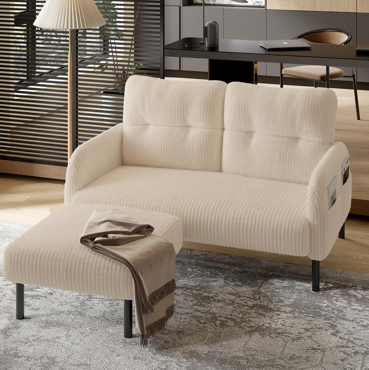 SOFA 2-Sitzer 120 x 75 x 79 cm Cord Beige mit Seitentasche - Beige, Kunststoff (120/79/75cm) - Meubliv