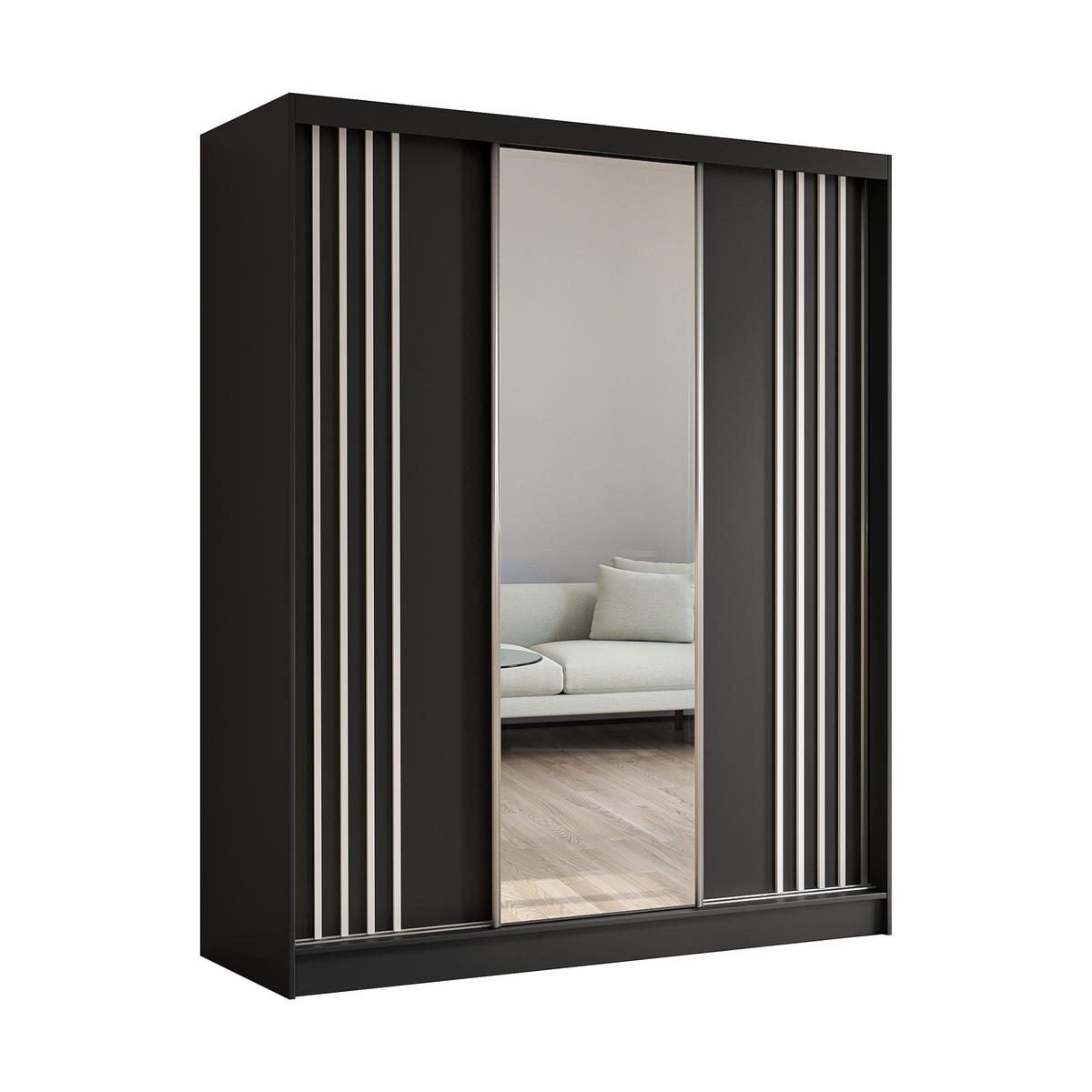 KLEIDERSCHRANK mit Spiegel-Schiebetüren und Aluminium-Leisten, LED-Beleuchtung - NALLA - 180 cm Schwarz+Schwarz+Weiß - Schwarz/Weiß, Holzwerkstoff (180/216/61cm) - ALTDECOR