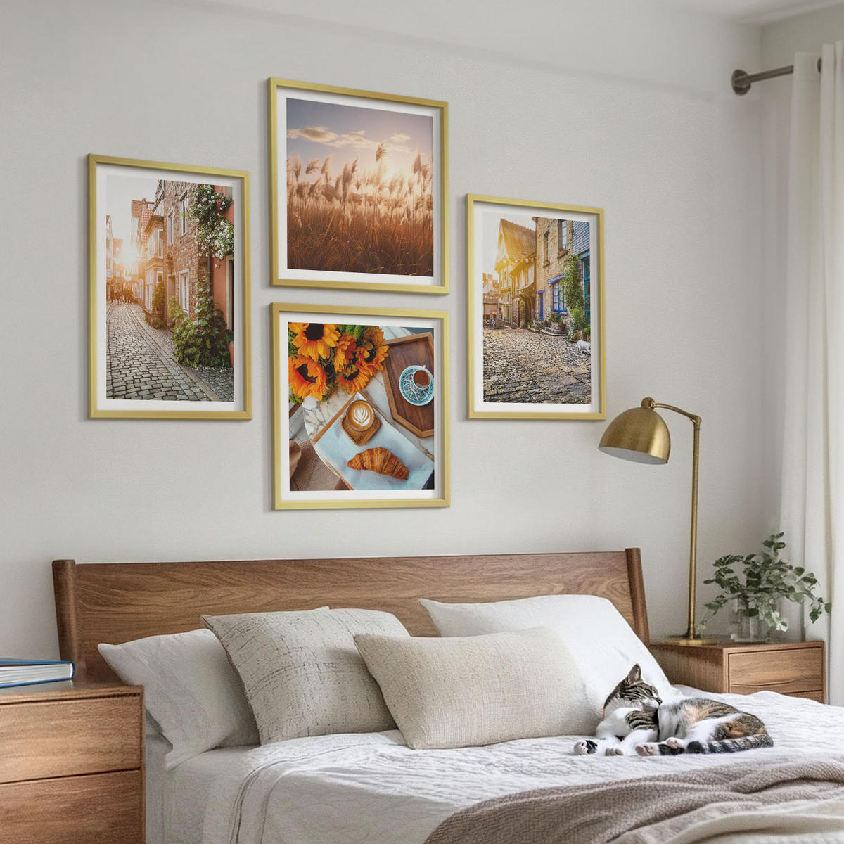 BILDER SET 4er Set - 50x50 cm & 40x60 cm Goldrahmen - Charmante Straßen mit Kaffee - Goldfarben, Kunststoff (50/50cm) - TULUP