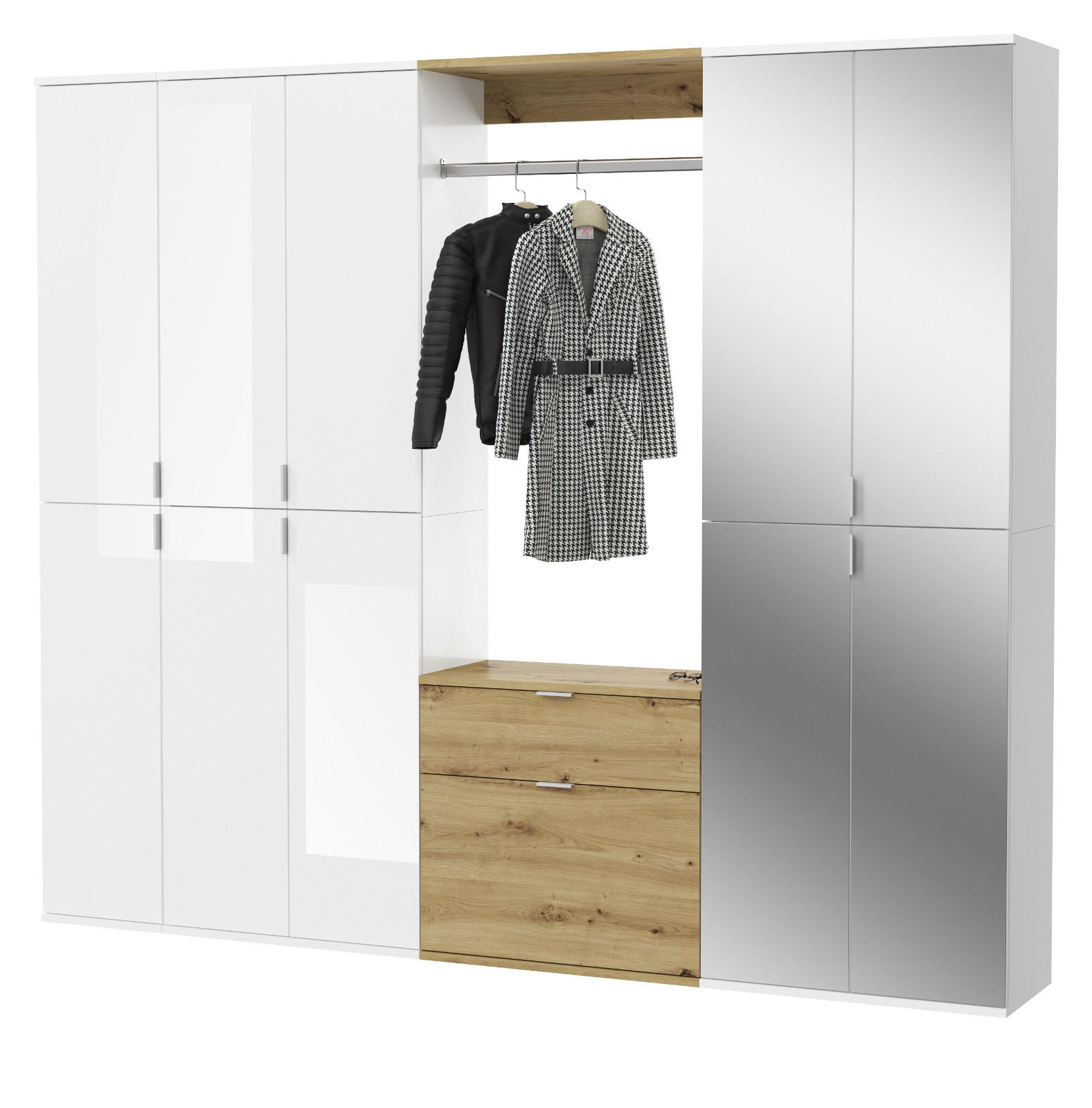 GARDEROBEN-SET weiß Hochglanz, Eiche 213 cm, Komplettset mit Spiegel - Weiß Hochglanz/Eiche Artisan, Holzwerkstoff/Metall (213/193/34cm) - Inn.Furn