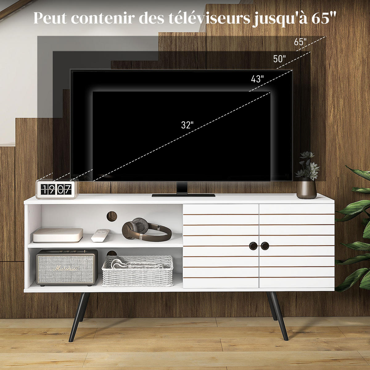 TV-LOWBOARD Weiß 145/38/65 cm, Soft-Close, Kabelmanagement, Holzbeine - Weiß, Holzwerkstoff (145/65/38cm) - PANGIVO