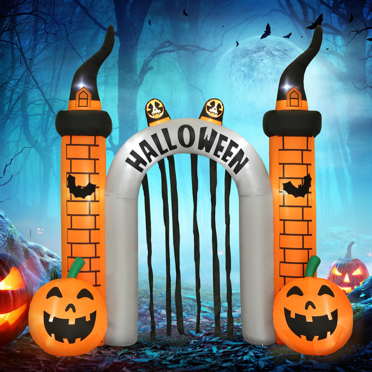 AUFBLASBARER Halloween Torbogen 3 m mit LED Geisterkürbis Gebläse für Hof Rasen - Orange, Textil (105/322/325cm) - Outsunny