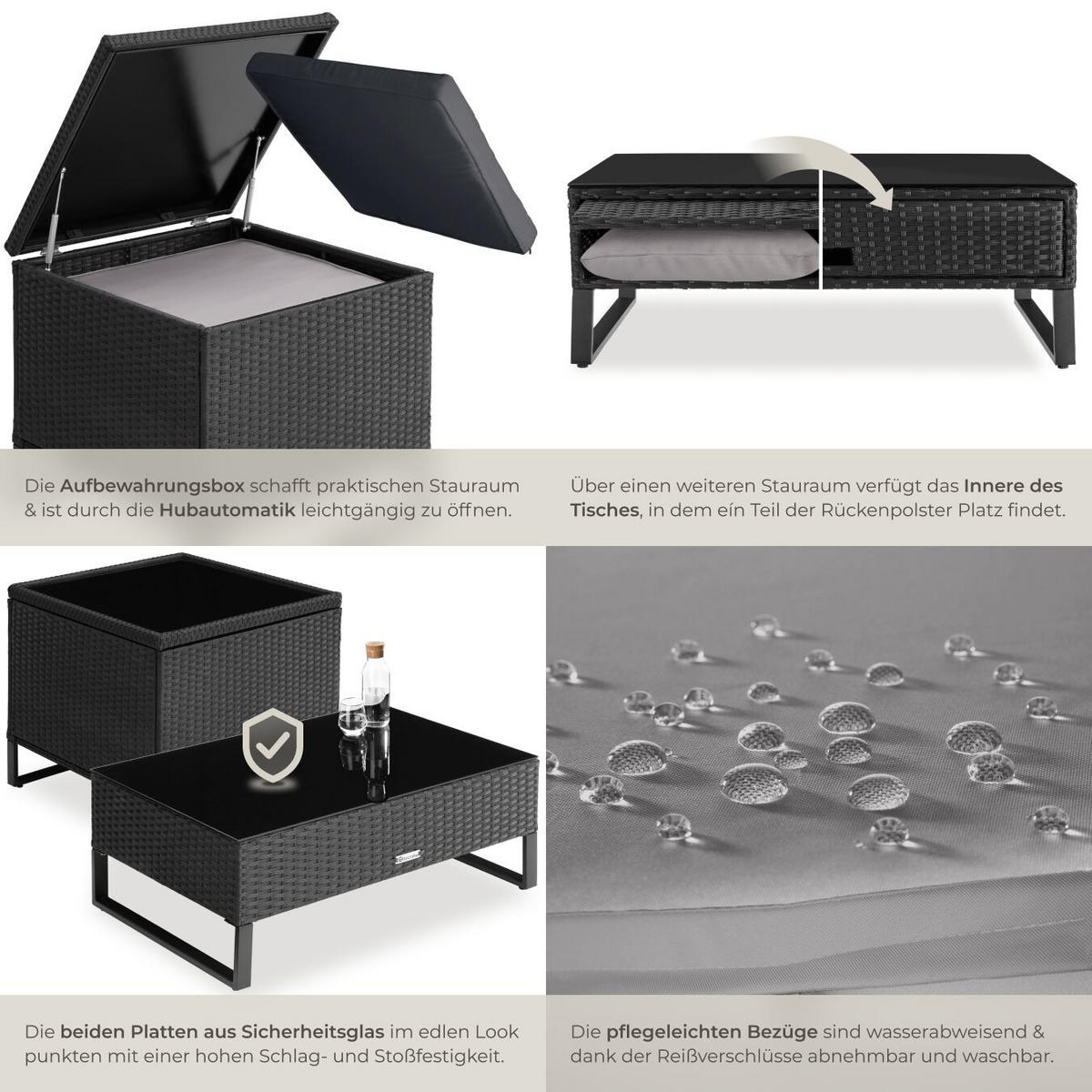 RATTANLOUNGE Ostuni,mit Sicherheitsglasplatte,schwarz - Schwarz, Kunststoff - tectake