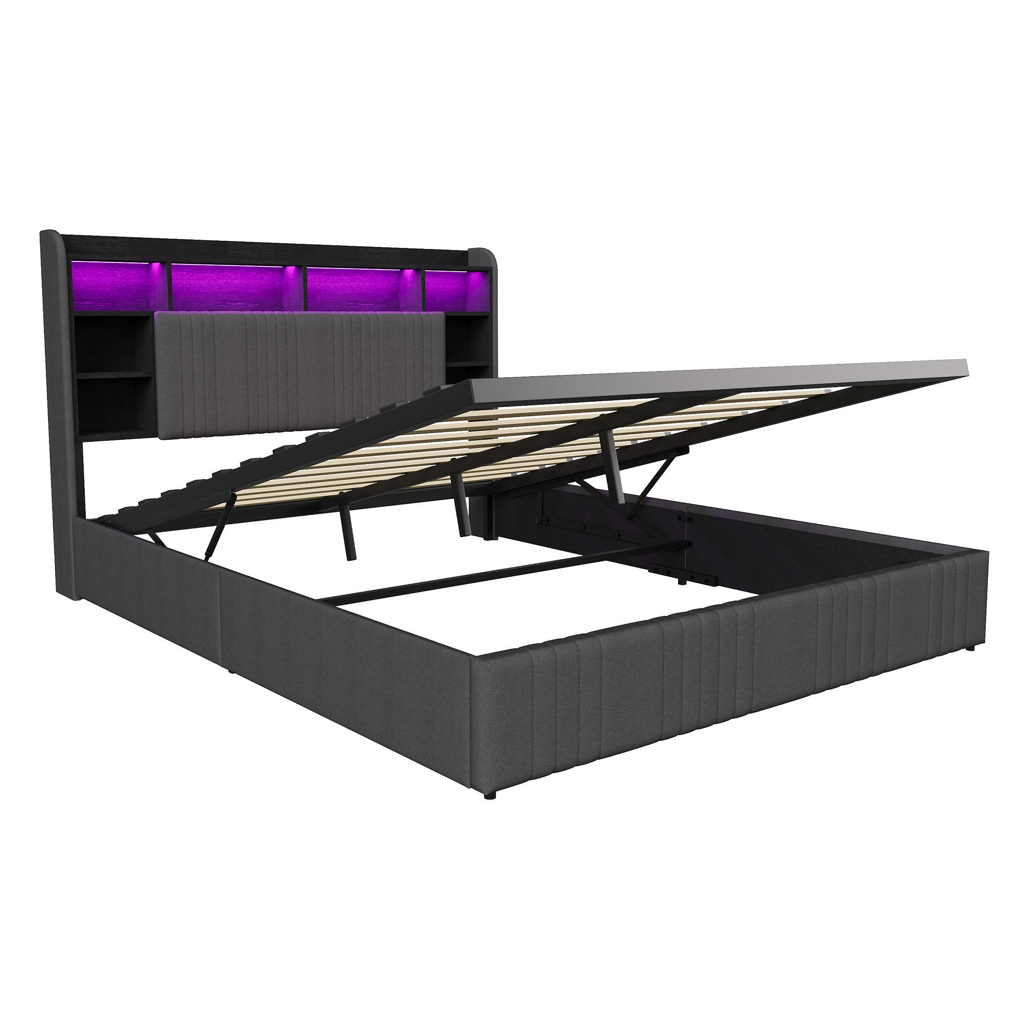 MODERNES POLSTERBETT 160x200 cm mit Stauraum, LED RGB und integrierter Ladestation – Dunkelgrau Leinen - Grau, Holz - SHOPENTRA