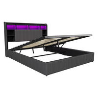 MODERNES POLSTERBETT 160x200 cm mit Stauraum, LED RGB und integrierter Ladestation – Dunkelgrau Leinen - Grau, Holz - SHOPENTRA