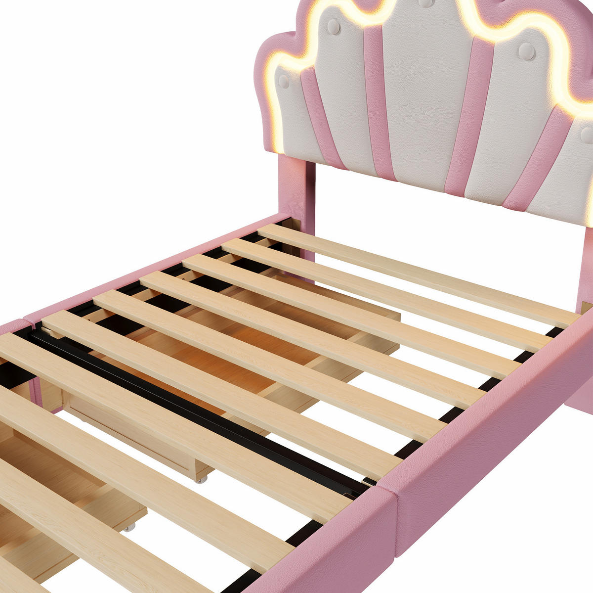 DĚTSKÁ čalouněná postel z PU a MDF 90x200 cm růžová s nastavitelným čelem, LED osvětlením a 2 zásuvkami - růžová, plast (90/200cm) - Modfu