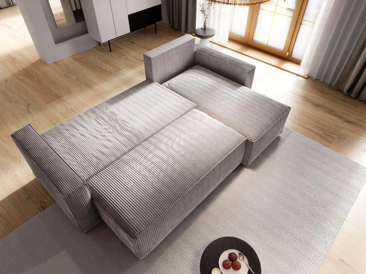 ECKSOFA POTARO Grau Kordstoff mit Schlaffunktion - Grau, Holz (232/140cm) - MASSENO