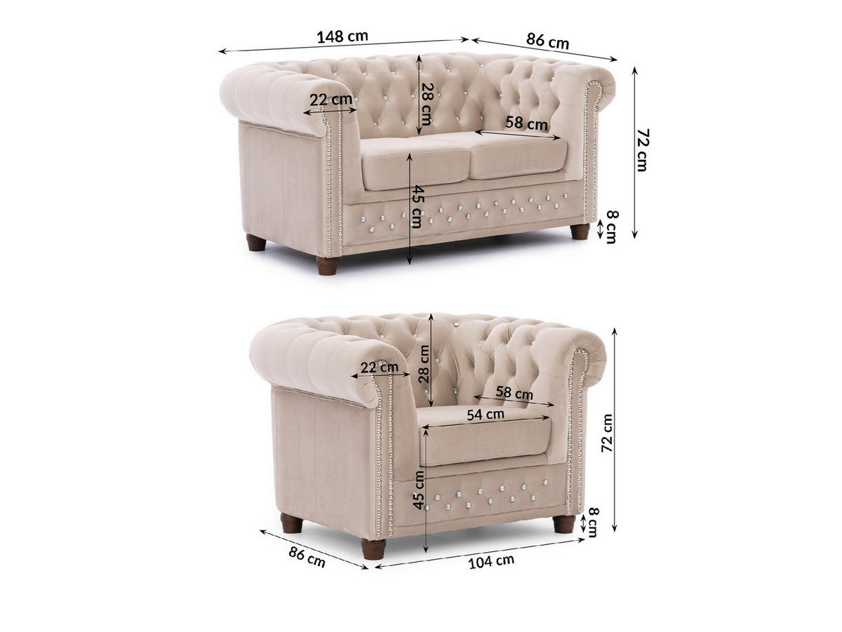 SITZGARNITUR 2+1 Chesterfield Cleo Blink Beige Samt mit Kristallsteppung und braunen Massivholzfüßen - Beige/Braun, Holz/Textil (148/72/86cm) - S-Style Möbel