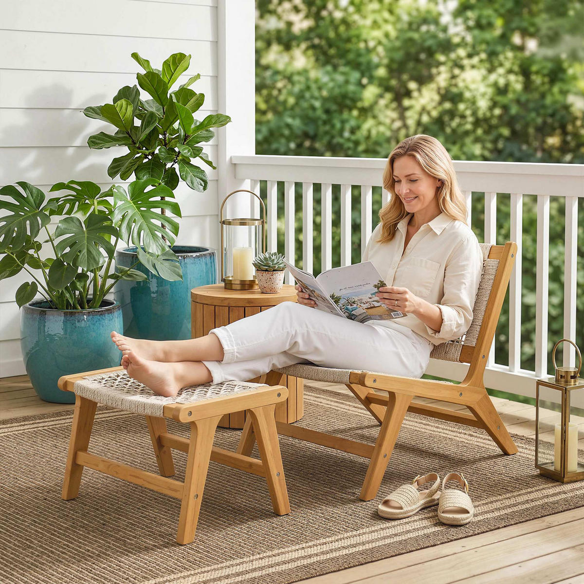 SESSEL-SET DE-07599 2-teilig, mit Fußhocker aus Akazienholz und Rattan-Sitz Natur - Beige, Holz/Kunststoff (60/73.5/83cm) - ComfortXL