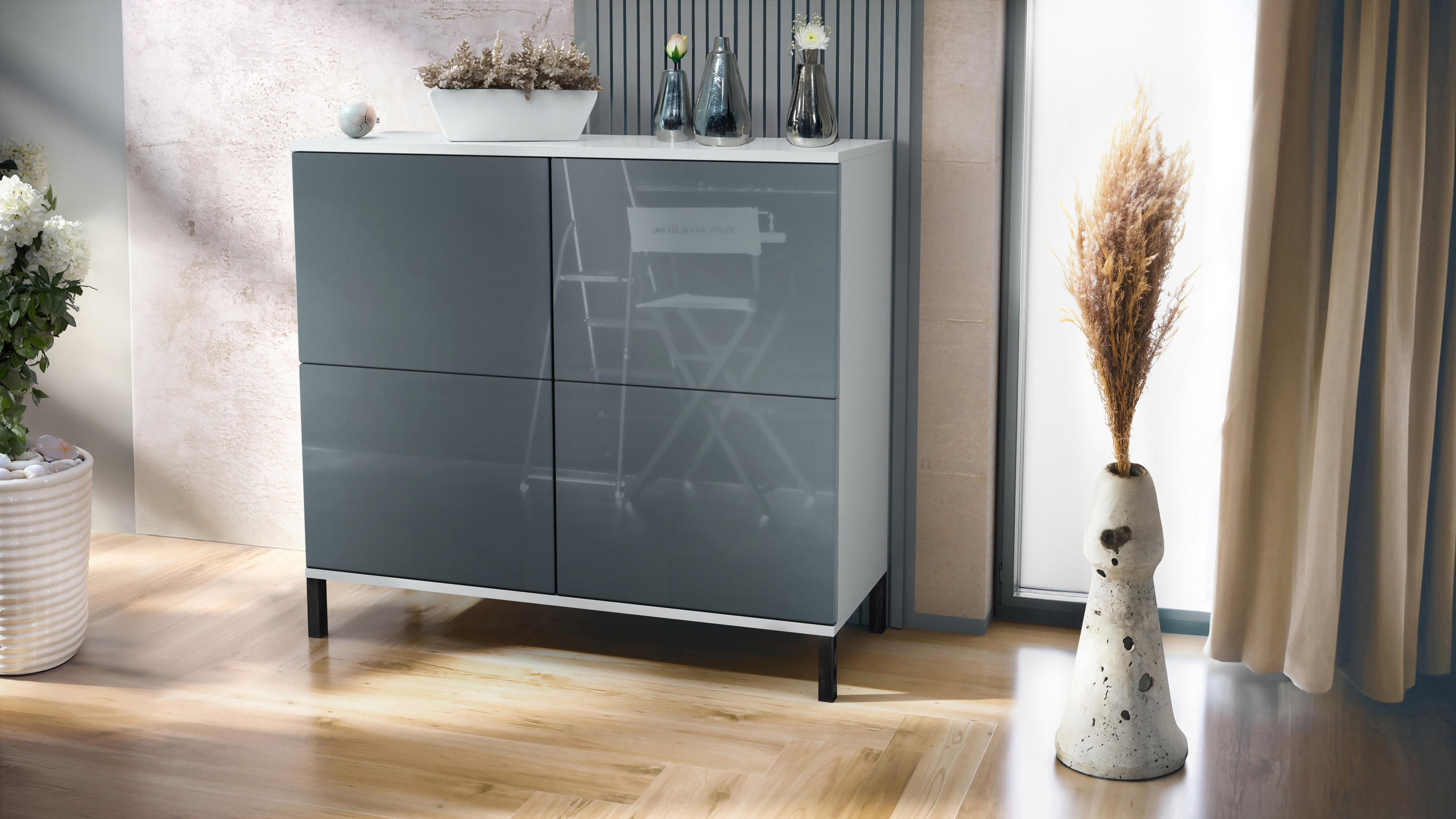 KOMMODE Rova Grau Hochglanz - Grau, Holzwerkstoff (92.5/83.5/35cm) - Vladon