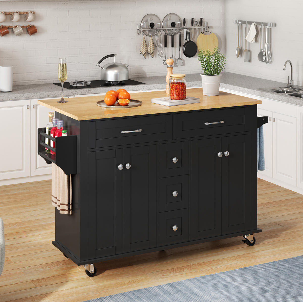KUECHENWAGEN mit ausklappbarer Arbeitsplatte 140 cm Black/Natural - Schwarz, Holz (65/89/140cm) - Beauniv