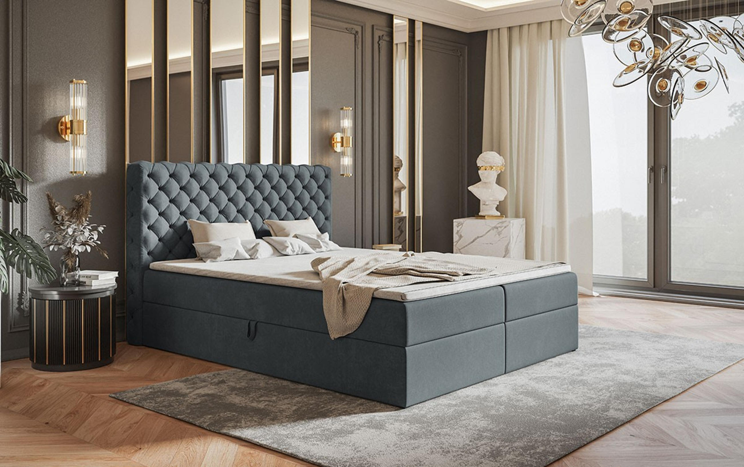 BOXBETT Bonio VIII 180/200 cm in Grau – mit Bettkasten und Topper - Schwarz/Grau, Holz/Holzwerkstoff (180/200cm) - AX Living