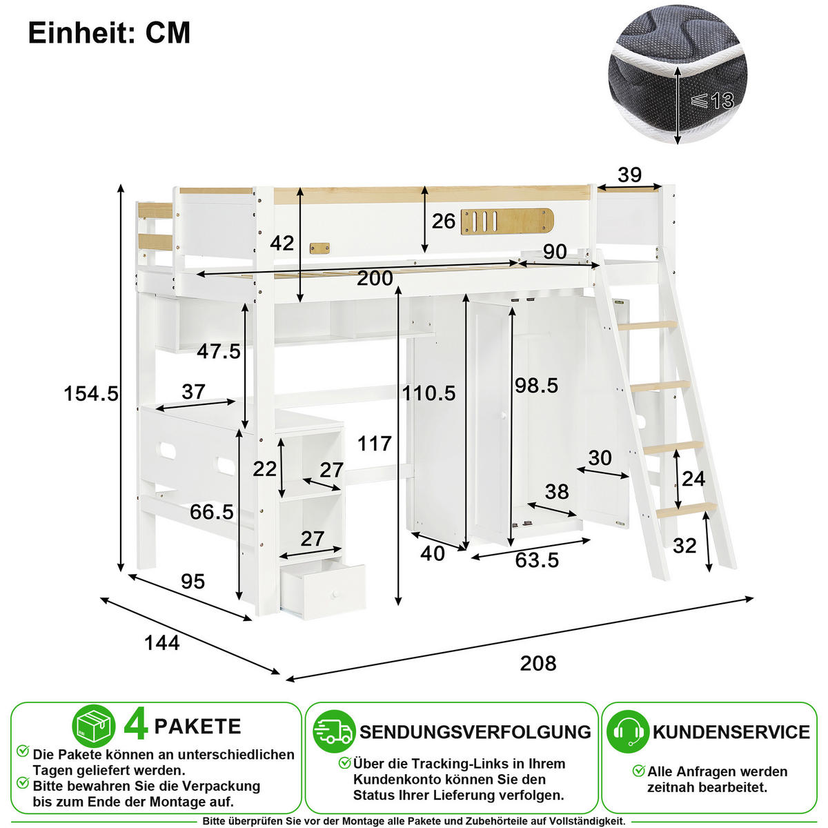 ETAGENBETT 90/200 cm in Weiß & Natur mit Regal, Schreibtisch und Kleiderschrank - Weiß/Naturfarben, Holz/Holzwerkstoff (90/200cm) - CHICFURN