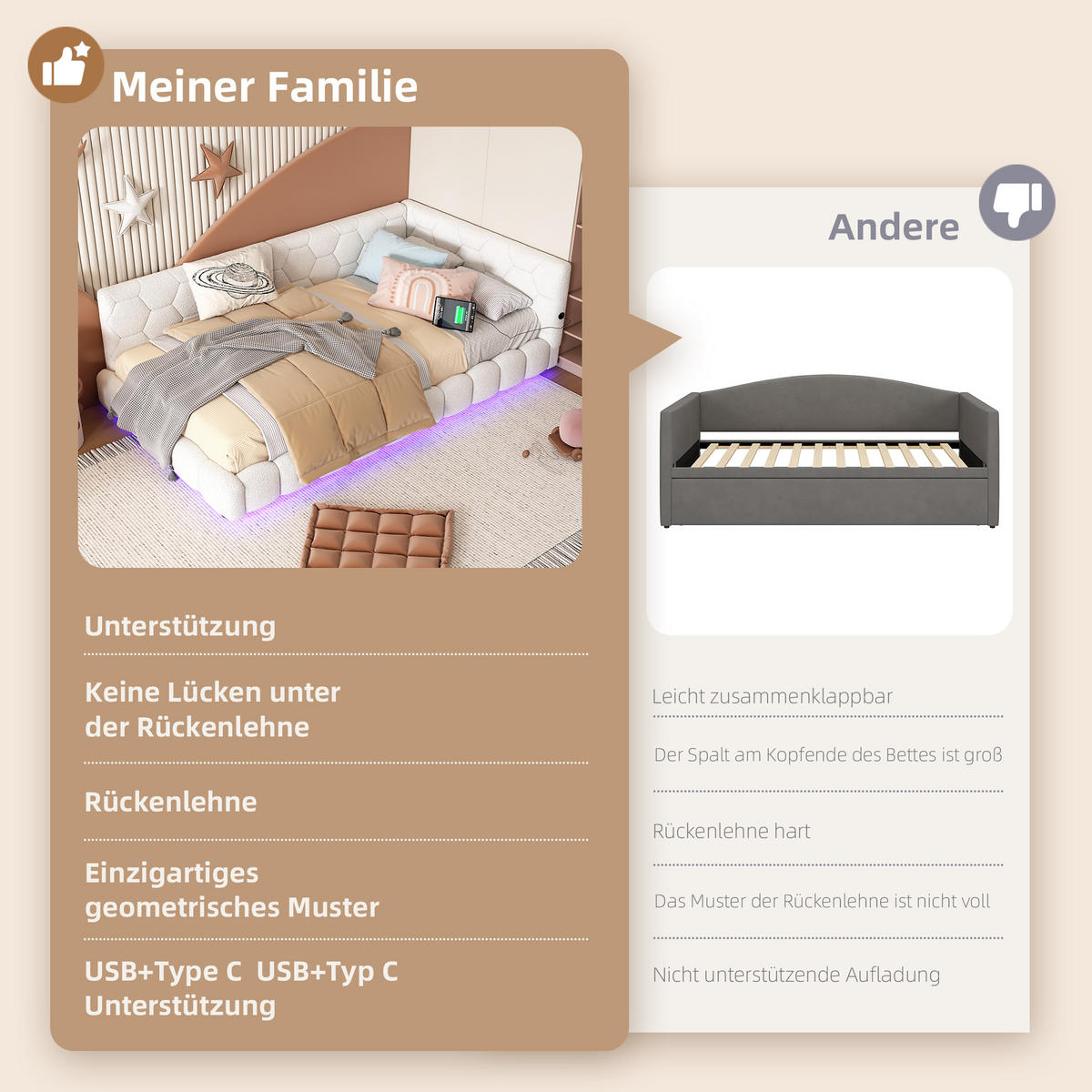 TAGEBETT 90x200cm Weiß Vliesimitat 16 Farben Umgebungslicht USB-C - Weiß, Holz (90/200cm) - FLIEKS