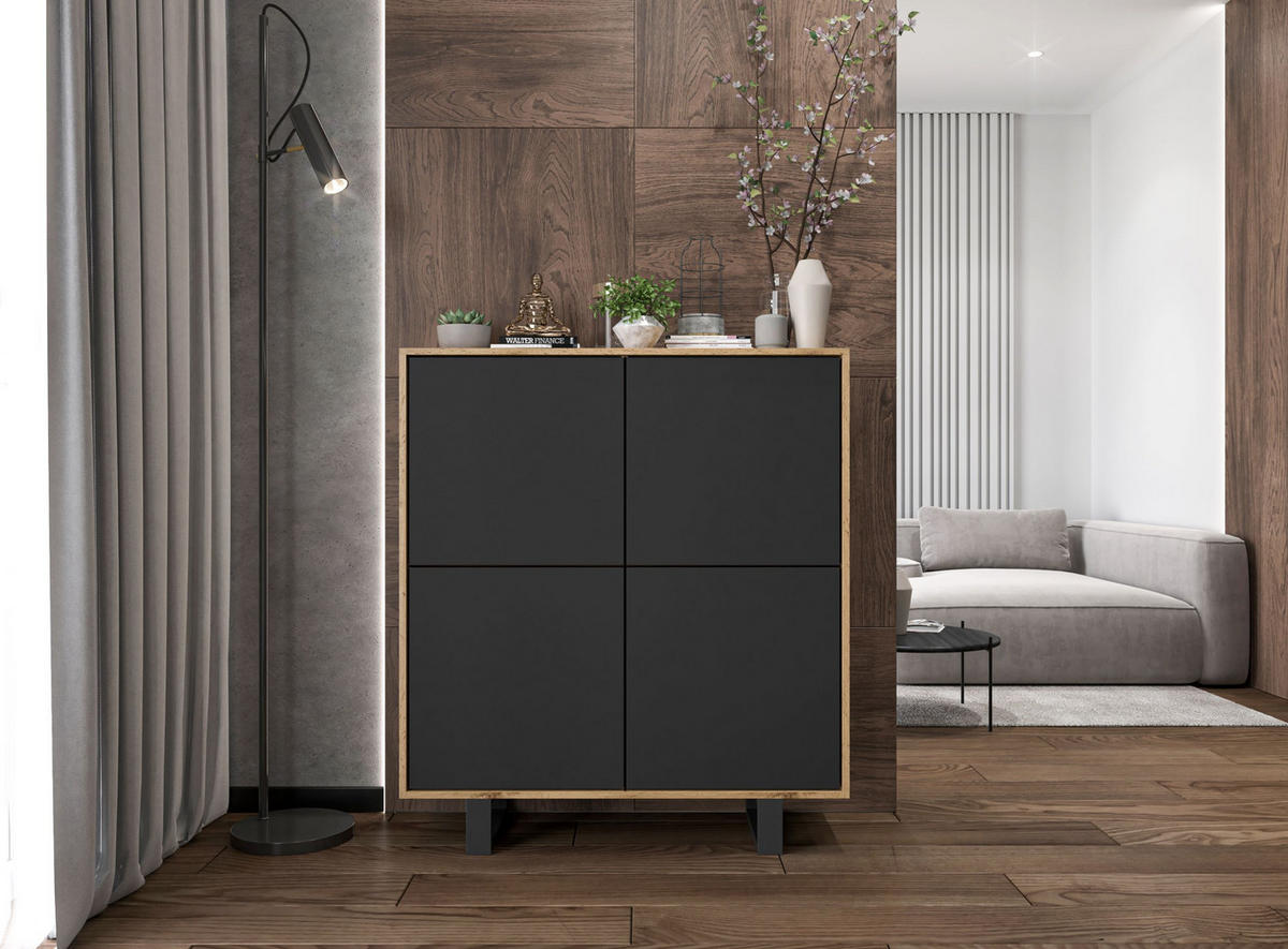 KOMMODE Apollo 4D Eiche wotan Schwarz Matt 113/127/35 cm - Schwarz, Holzwerkstoff/Metall (113/127/35cm) - Meble Lindner