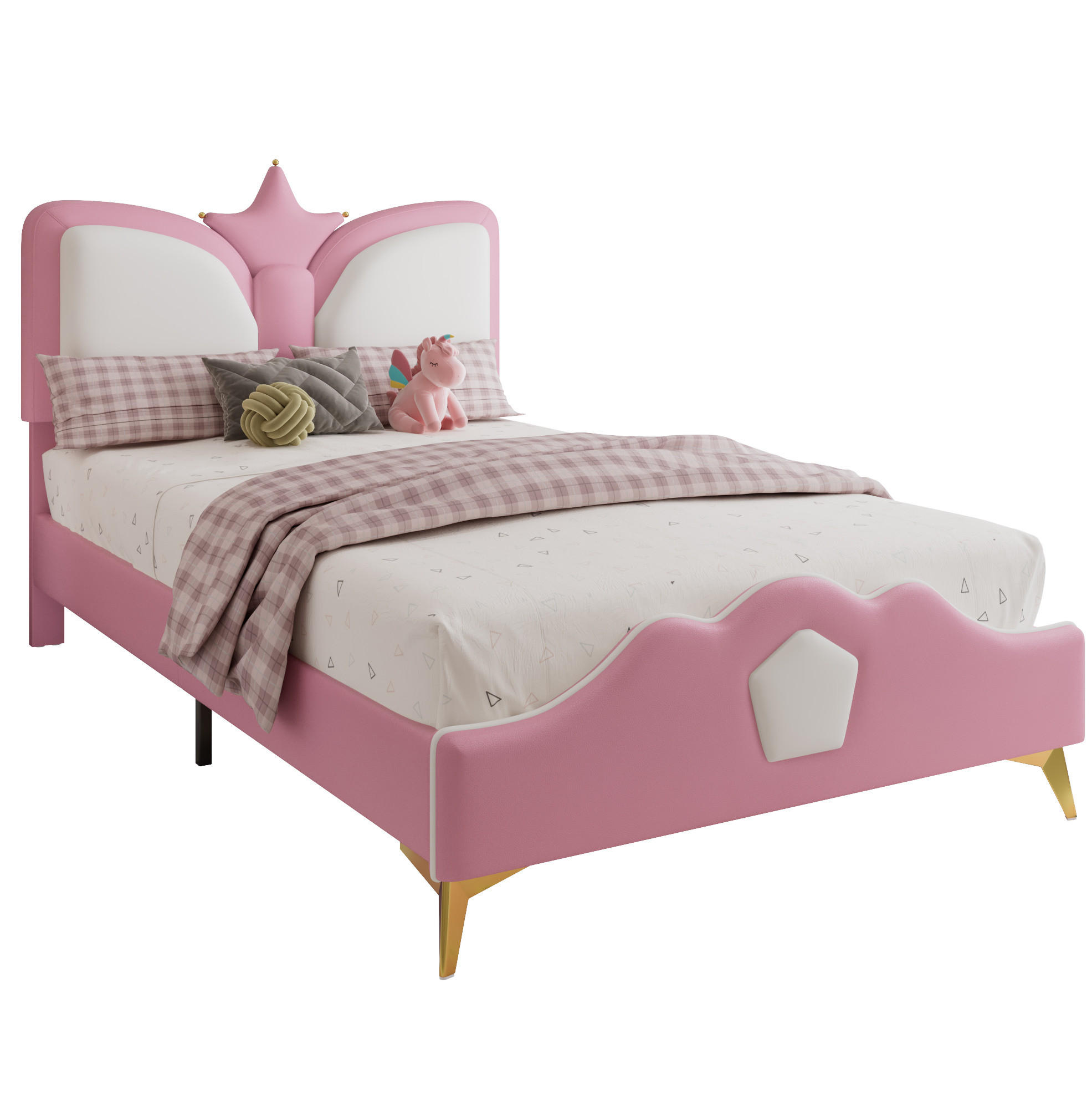 KINDERBETT 90/200 cm aus PU mit Kronen-Kopfteil und weicher Polsterung, Rosa/Weiß - Rosa, Kunststoff (90/200cm) - Redom
