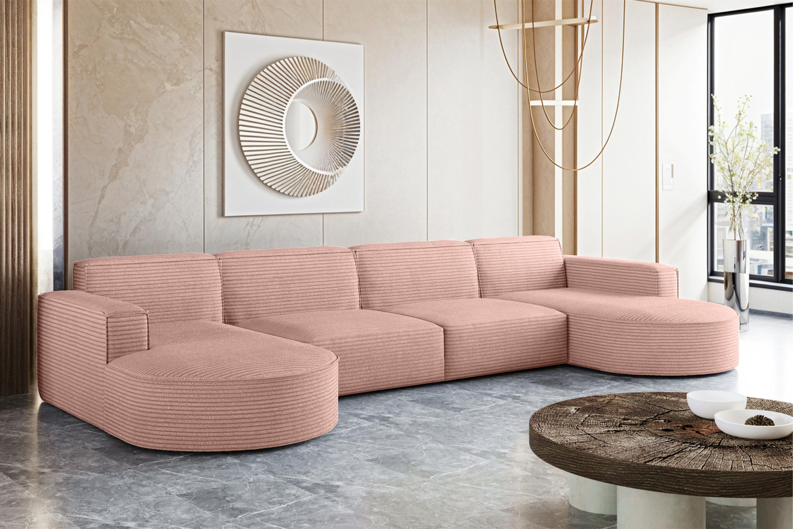 ECKSOFA U-Form XL Designer MODENA stoff Dicker Cord Poso Rosa - Rosa, Holz (165/382cm) - Kaiser Möbel
