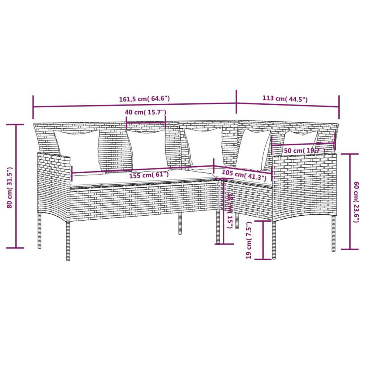 SOFA In L-Form Mit Kissen Poly Rattan Grau - Anthrazit/Grau, Kunststoff/Textil (161.5/80/113cm) - vidaXL