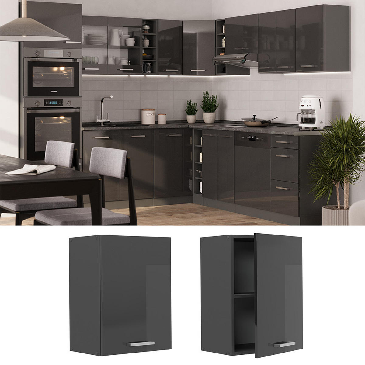 HÄNGESCHRANK R-Line Anthrazit Hochglanz 45 cm - Schwarz Hochglanz/Anthrazit, Holzwerkstoff (45/60/31cm) - Vicco