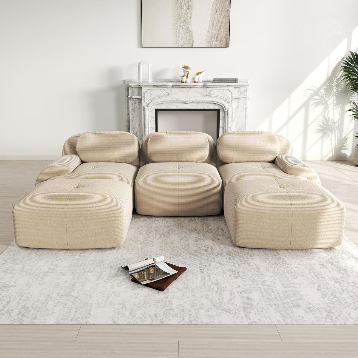 WOHNLANDSCHAFT Cord Beige rutschfest und montagefrei - Beige, Textil (298/75/178cm) - WISHDOR