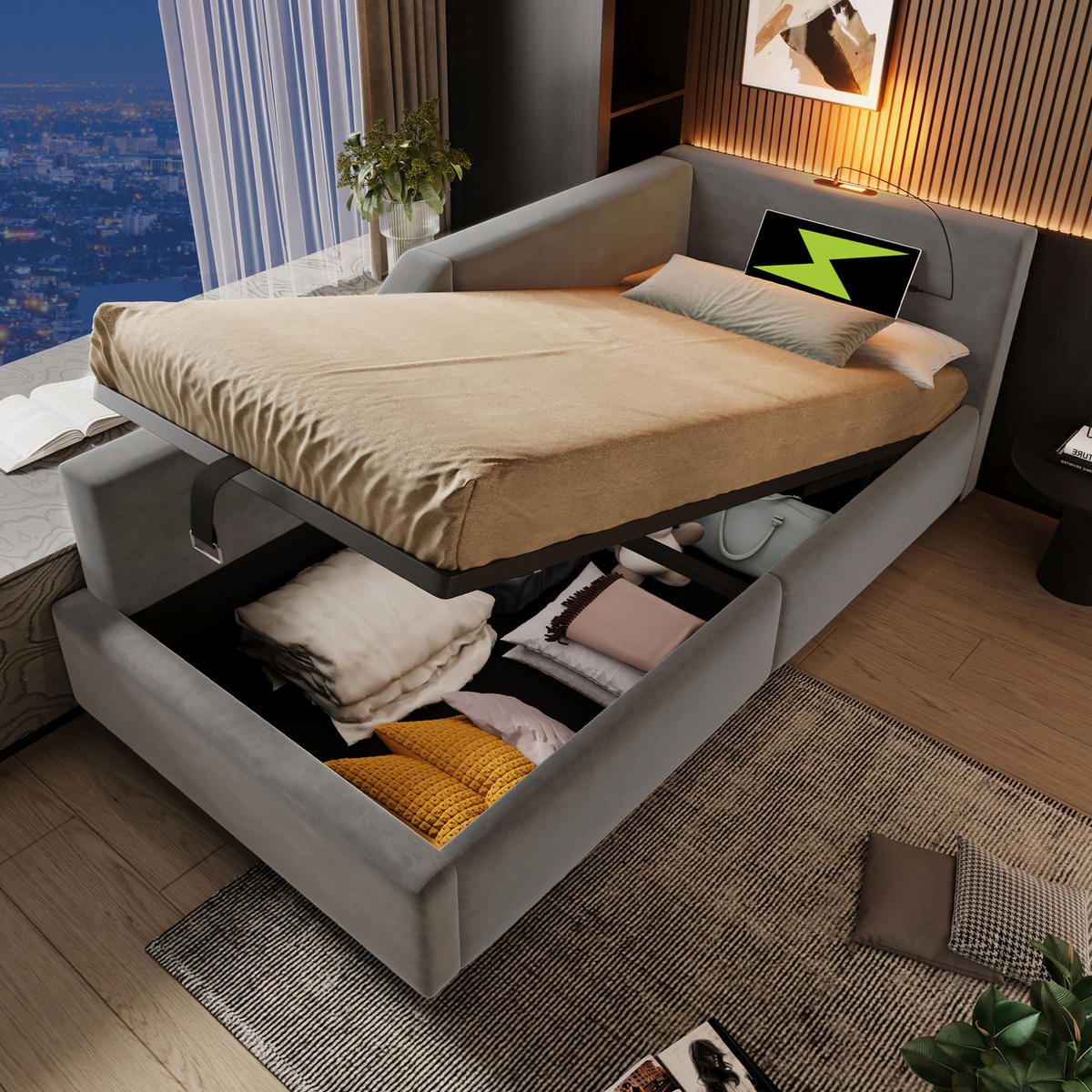 SAMT-POLSTERBETT 90/200 cm mit Bettkasten, USB-C und Leselicht in Grau - Grau, Textil (90/200cm) - BEAOK