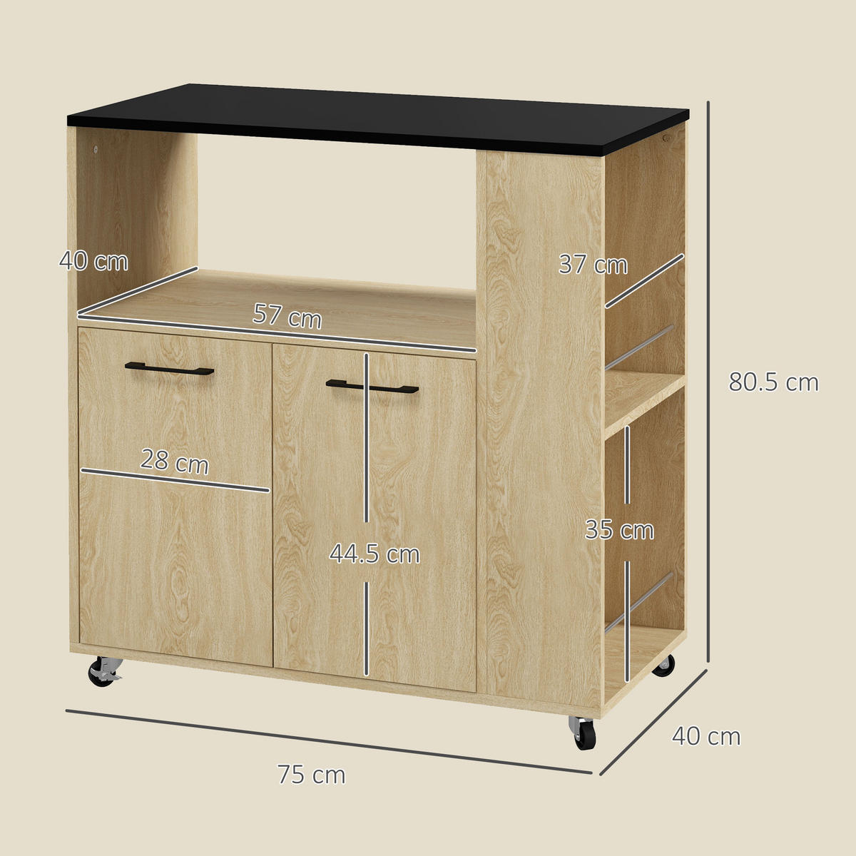 KÜCHENWAGEN, Spanplatten-Wagen mit Schrank, 75 x 40 x 80,5 cm - Multicolor, Metall (75/80.5/40cm) - FORIOUS