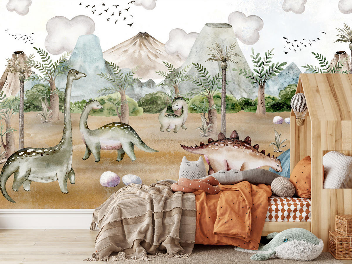 FOTOTAPETE für Kinderzimmer Dinosaurier Welt Vulkane Aquarell Tropische Bäume 350x256 - Blau/Beige, Papier (350/256cm) - Muralo