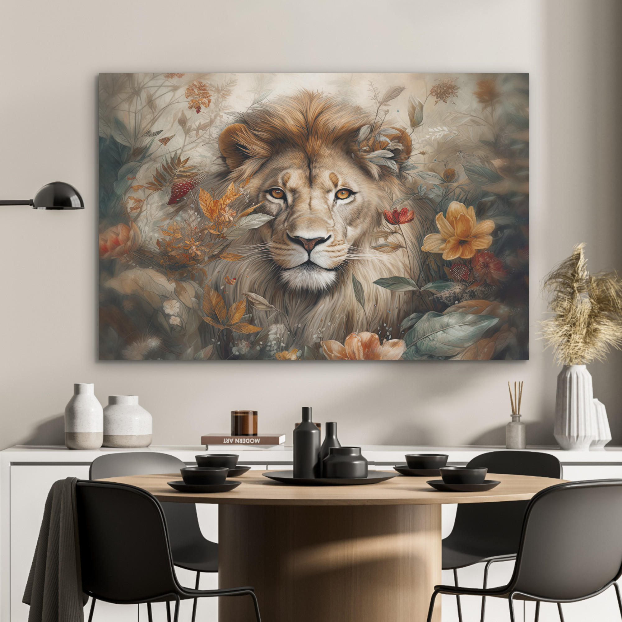 AKUSTIKPANEEL Löwe - Wildtiere - Pflanzen - Natur - Blumen 100x70 cm - Beige, Textil (100/0.9/70cm) - MuchoWow