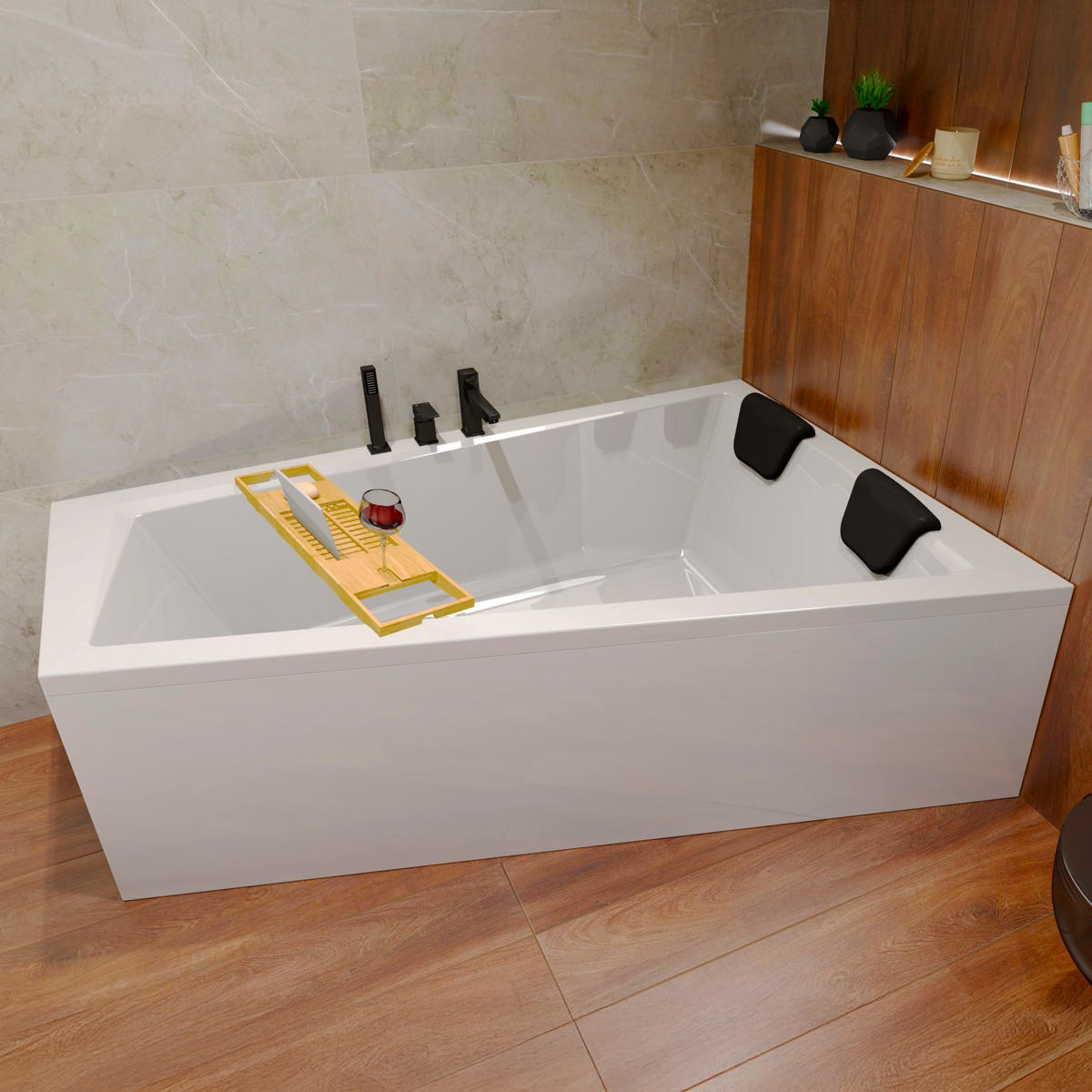 BADEWANNE Eckwanne INTIMA 160/90 Rechts + Schürze + Ablage + Kopfstütze Ablauf Füße - Weiß, Kunststoff (90/55.5/160cm) - bad land