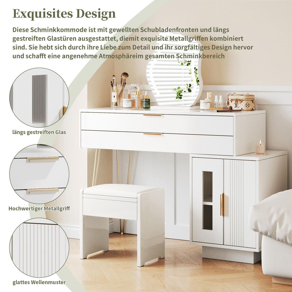 SCHMINKTISCH in Weiß mit LED-Spiegel & Seitenschrank - Weiß, Holzwerkstoff (100/78/40cm) - Urban Meuble